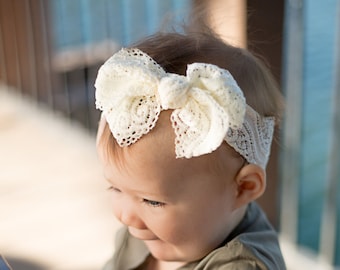 White Lace Head wrap } Cream or White Headband, baby toddler girl turban hair bow