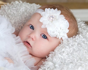 White or Ivory floral headband, Girl Headband, Baby girl Headband, newborn headband, satin rosette christening