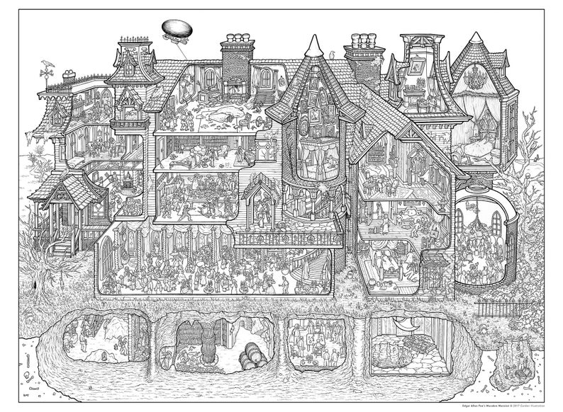 Edgar Allan Poe s Macabre Mansion Coloring Poster Etsy