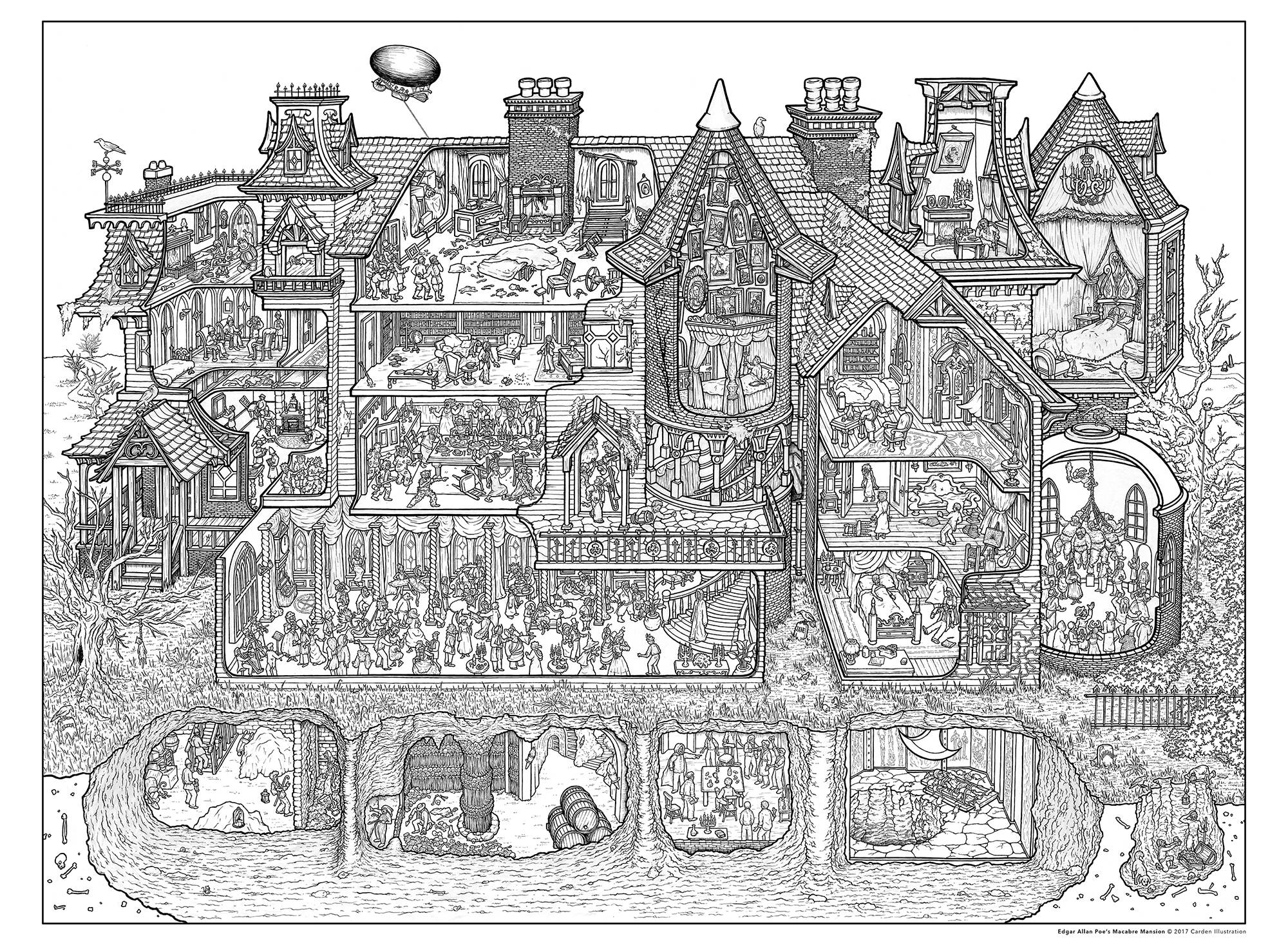 Edgar Allan Poe s Macabre Mansion Coloring Poster Etsy