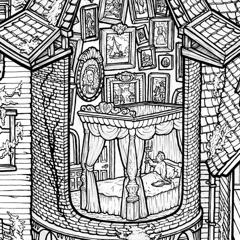 Edgar Allan Poe s Macabre Mansion Coloring Poster Etsy
