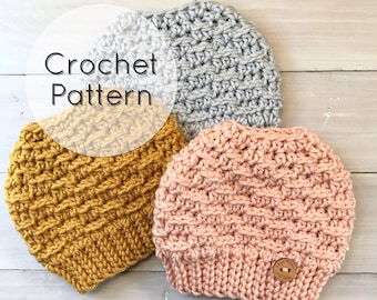 Winding Ridges Messy Bun Hat Pattern | PDF CROCHET PATTERN | Chunky Winter Hat | Digital Download | Easy Crochet Pattern | Adult Winter Hat