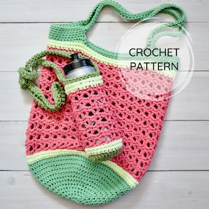 May include: A crocheted watermelon-themed tote bag with a green strap and a separate pocket for a water bottle. The bag is made with pink, green, and yellow yarn. "CROCHET PATTERN" is written in white text on a white circle.