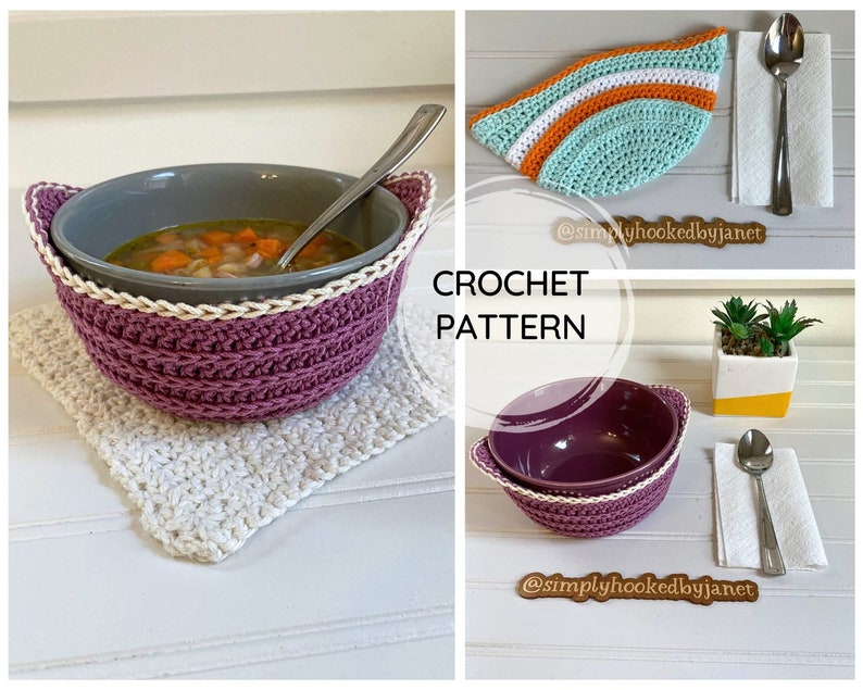 May include: Crochet pattern for a bowl cozy. The cozy is made with a purple yarn and a white trim. The bowl is filled with soup and is sitting on a white crochet coaster. The image also shows a second bowl cozy in purple with a white trim. The text "CROCHET PATTERN" is visible in the image.