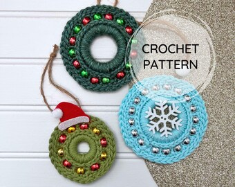Mini motif d'ornement de couronne de perles au crochet | Modèle de Noël au crochet simple et rapide | Décoration de Noël en crochet avec couronne de perles