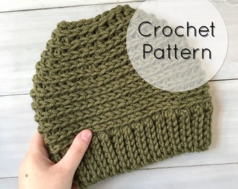 Messy Bun Ponytail Hat Pattern | PDF CROCHET PATTERN | Chunky Winter Hat | Digital Download | Easy Crochet Hat Pattern | Adult Winter Hat