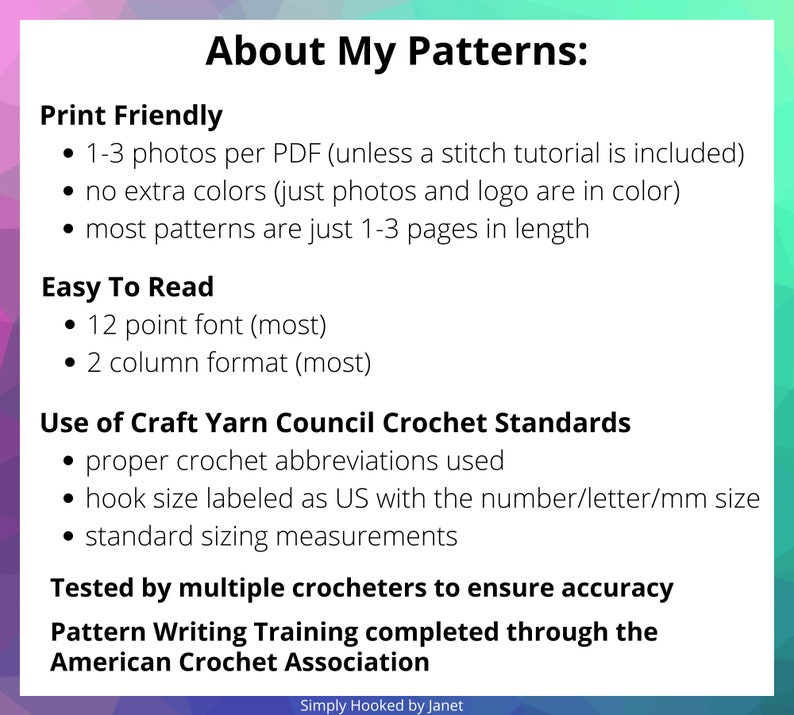 May include: A slide with the title "About My Patterns" and a list of features for crochet patterns. The features include print-friendly, easy to read, use of Craft Yarn Council Crochet Standards, and tested by multiple crocheters to ensure accuracy. The slide also includes the text "Pattern Writing Training completed through the American Crochet Association" and "Simply Hooked by Janet".