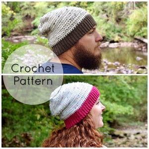 May include: Crochet pattern for a slouchy beanie hat with a contrasting colored brim. The beanie is white with multi-colored flecks and the brim is brown. The second beanie is light blue with multi-colored flecks and the brim is pink.