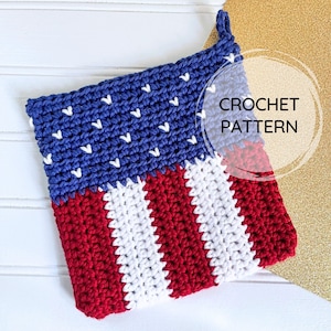 Op de afbeelding: Haakpatroon voor een Amerikaanse vlag ovenwant. De ovenwant is gemaakt met rood, wit en blauw garen en heeft een sterpatroon op het blauwe gedeelte en rode en witte strepen aan de onderkant.