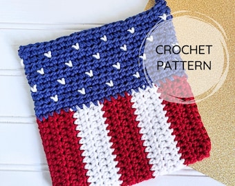May include: Crochet pattern for an American flag pot holder. The pot holder is made with red, white, and blue yarn and features a star pattern on the blue section and red and white stripes on the bottom.