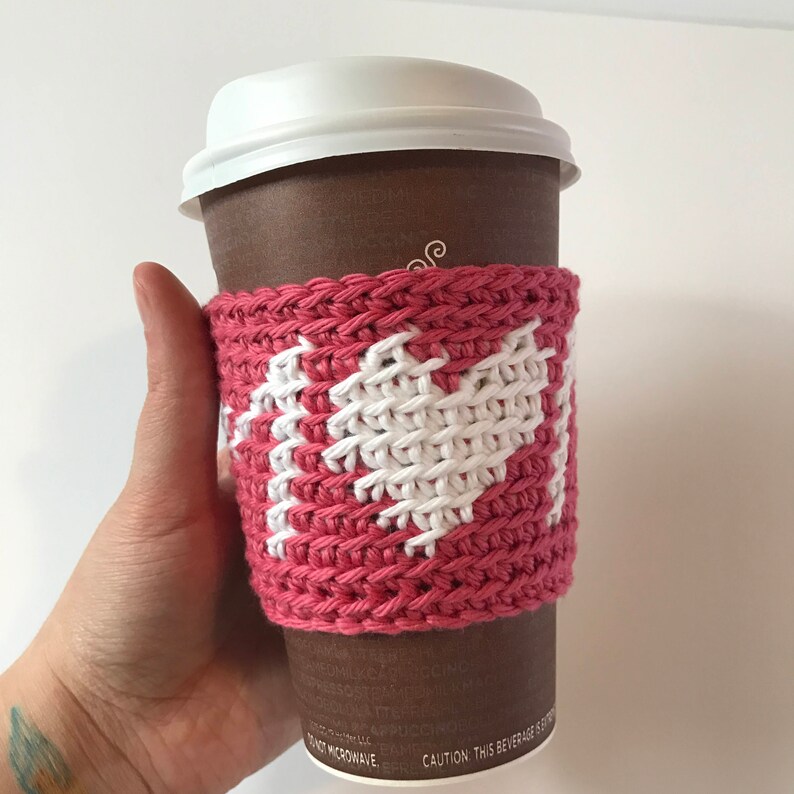 Crochet Mom Cup Cozy Crochet Coffee Sleeve Mother's Day Crochet Gift Mom Heart Tapestry Crochet Colorwork Cozy Digital Download image 3