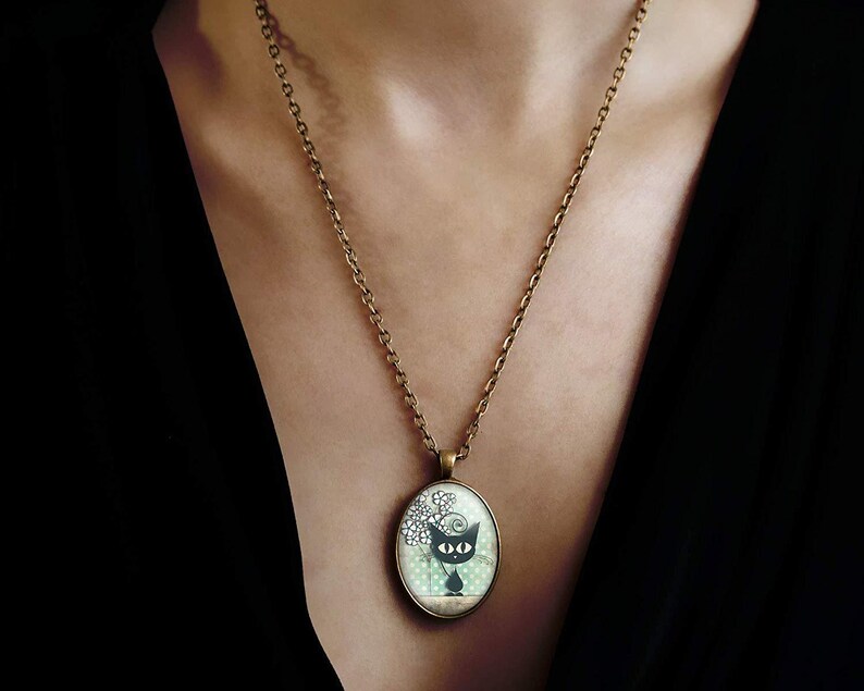 Woman Birthday Valentine/'s Day ref.50 Bronze Woman Christmas Present Necklace Cabochon Catthe Cat And The Dots