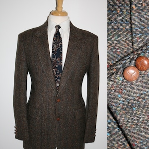 Vintage 80s Brown Wool Tweed Herringbone Blazer, Flecked Sport Coat 42L