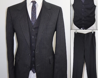 40R Vintage 1970s Black Hampton Clothes Charcoal Pinstripe 3 Piece Suit | 100% Pure Woolmark Wool | Mid-Century Modern Menswear