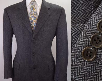 44R Vintage 90s Canali Men's Blazer 42R Charcoal Black Herringbone Pure Virgin Wool | Made in Italy Sport Coat | Italian Designer Blazer