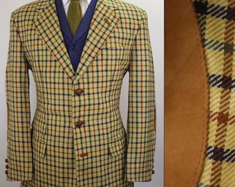 42L Vintage 80s DAKS Signature Tweed Blazer Jacket Yellow Plaid Wool Sport Coat Rare Ticket Pockets Made in Great Shepherds Check Hunting