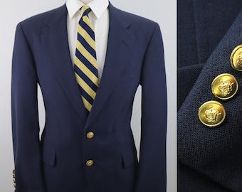 40S Vintage 80s Chaps Ralph Lauren Navy Blazer | Made in USA | Gold Crest Buttons |Union Made ACTWU | Ivy League Preppy | College Academia