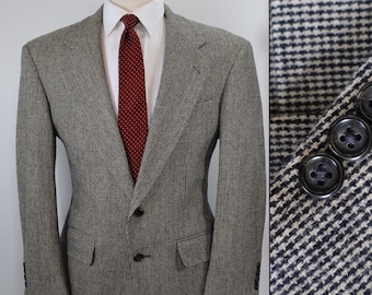 38S Vintage 70s  Bryden Pearce Houndstooth Blazer, Black & Tan Made in USA Wool Sportcoat, Academia Style