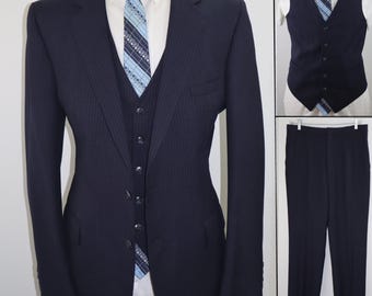 44L Vintage 80s Men's 3 Piece Suit | Navy Blue Pinstripe Wool Suit | 1970s Peaky Blinders | Eric Reed | Union Made ACTWU | Tall