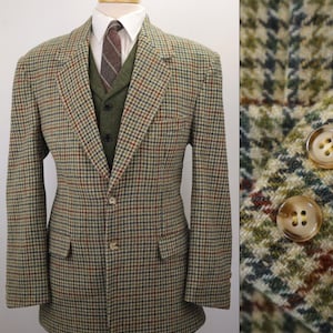 44R Vintage 70s 80s Linea Esse Italy Wool Tweed Blazer Biella Sport Coat Men Green Multi Color Gun Club Check Academic Jacket Large