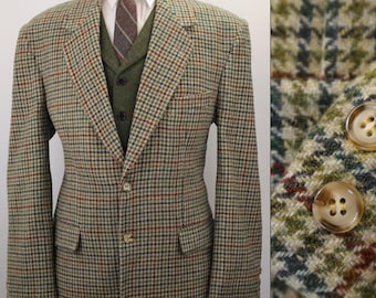 44R Vintage 70s 80s Linea Esse Italy Wool Tweed Blazer Biella Sport Coat Men Green Multi Color Gun Club Check Academic Jacket Large