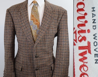 44R Vintage BECON Berlin Harris Tweed Blazer | Autumnal Gun Club Check | 1990s German Tailored Scottish Wool Sport Coat | Heritage Jacket