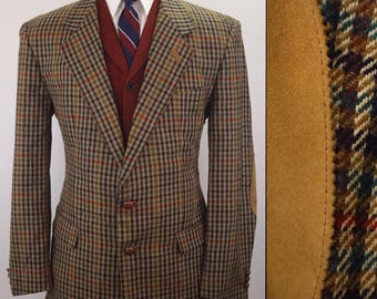 42R Vintage 80s DAKS Signature Tweed Copper Plaid Wool Sport Coat Suede Elbow Patches Bischoff Pforzheim British Shepherds Check Blazer