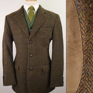 44L Vintage 1970s Harris Tweed British Blazer Westbury Wool Herringbone Sport Coat Suede Elbow Patches Estate Check Heavy Weight Jacket