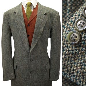 May include: A tweed blazer in a speckled olive green and brown pattern, worn over a rust-colored vest and a white collared shirt with a textured olive green tie. The blazer features two front buttons and a close-up view of three sleeve buttons.