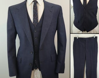 40R Vintage 1970s Designer Bill Blass for Jacobson's Three Piece Suit | Steel Slate Blue & Gray Pinstripe | Made in USA