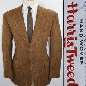 44R 1970s Vintage Harris Tweed Blazer | Brown Herringbone & Yellow Windowpane Check | Scottish Wool Sport Coat | Heritage Style Jacket