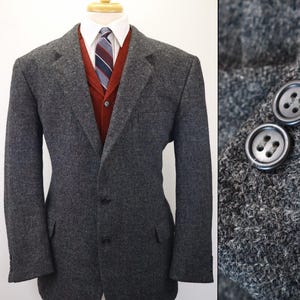 May include: A charcoal gray tweed blazer featuring a two-button front closure and flap pockets. The blazer is layered over a rust-colored knit cardigan, a white collared shirt, and a blue, white, and red striped necktie. A detail view shows two buttons.