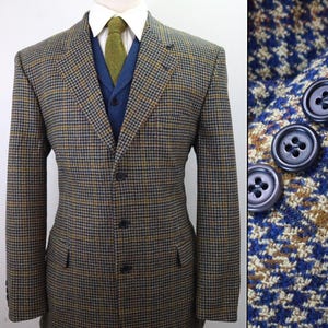 44L Vintage 70s Italian Wool Tweed Blazer Houndstooth Sport Coat Men Lanificio Policarpo Blue Brown European Checked Jacket 3 Button Suit