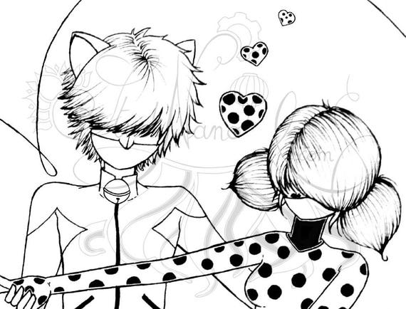 Coloriage Ladybug Et Chat Noir Line Art Illustration Dessin Original à Colorier