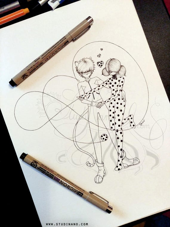 Coloriage Ladybug Et Chat Noir Line Art Illustration Dessin Original à Colorier