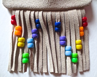 LoopyQ Buttercream RaiNbOw KanDii, perles en daim et franges pochette médecine, sac banane, sac à bandoulière, sac de festival, pochette pour iPhone