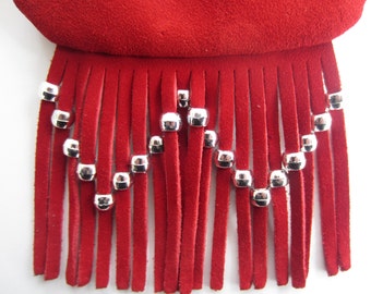 Sac pochette LoopyQ en daim rouge avec col à franges/sac banane/cartable en bandoulière avec perles argentées