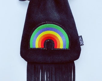 Pochette LoopyQ en daim noir arc-en-ciel, sac banane, trousse à pharmacie, sacoche à bandoulière