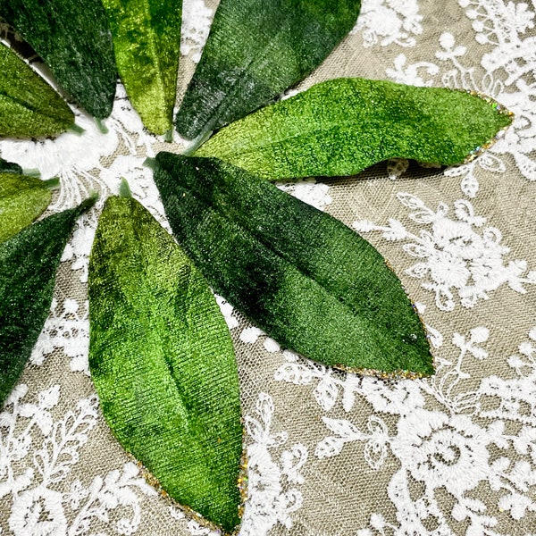 Set of 10 Green Velvet Leaves, Artificial Leaves, Floral Embellishments, Craft Supplies, Craft Leaves, Millinery