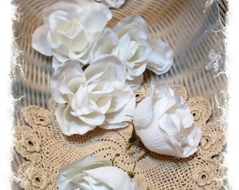 6 White Victorian Style Silk/Paper Roses - Artificial Flowers, Silk Flowers, Flower Crown, Millinery, DIY Wedding, Hair Accessories