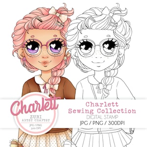 Charlett Digital Stamp, Digital Stamp, Scrapbook, Coloring, Stamp, Love Sewing Doll , Digital Images, Instant Download, Love Sewing