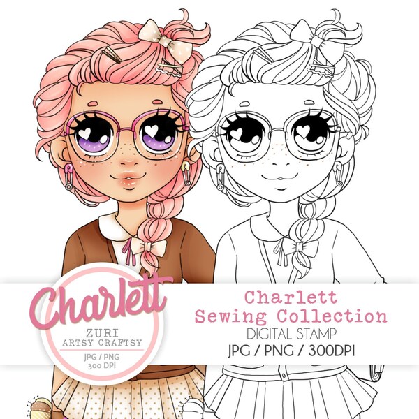 Charlett Digital Stamp, Digital Stamp, Scrapbook, Coloring, Stamp, Love Sewing Doll , Digital Images, Instant Download, Love Sewing