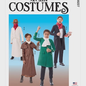 May include: McCall's costume pattern featuring four different costume designs. The costumes include a white duster coat with a red scarf and hat, a brown trench coat, a green coat with a lantern, and a black coat with a red scarf. The pattern is designed and printed in the USA.