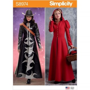 May include: Simplicity sewing pattern number S8974 for two long coats. The first coat is black with a silver design and the second coat is red with a hood. The pattern includes instructions for making both coats.