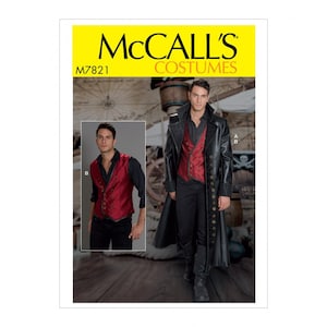 May include: McCall's Costumes pattern M7821 for a vest and coat. The vest is red with gold accents and the coat is black leather with gold buttons.