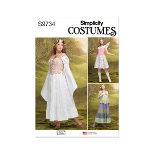 May include: Simplicity Costumes sewing pattern S9734 for three different fairy costumes. The pattern includes a white dress with a lace bodice, a pink dress with a floral print, and a green and purple dress with a striped skirt.