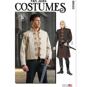 May include: McCall's Costumes sewing pattern for a medieval-style jacket with a brown leather trim and a sword. The pattern number is M8423. The pattern is designed and printed in the USA.