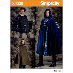 May include: Simplicity sewing pattern S9009 for three different capes. The first cape is blue with a floral lining and a hood. The second cape is green with a hood. The third cape is black with a spiderweb design.