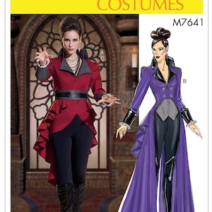 May include: McCall's Costumes sewing pattern M7641 for a purple and red costume with a high-low skirt and a black belt.