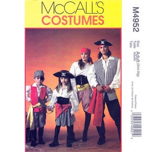 May include: A sewing pattern for a pirate costume. The pattern includes instructions for making a pirate costume for adults and children. The pattern is for sizes small to extra large.